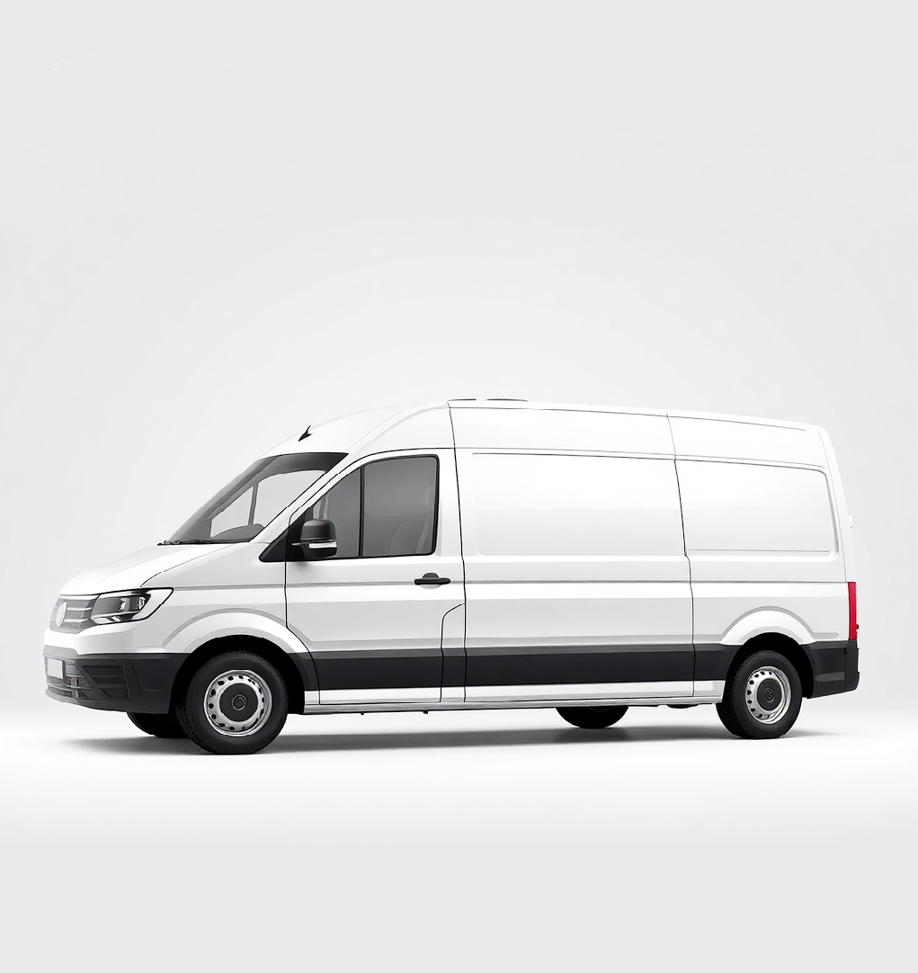 side view of white Volkswagen Crafter van 2019 model, clean studio lighting, isolated on light grey background