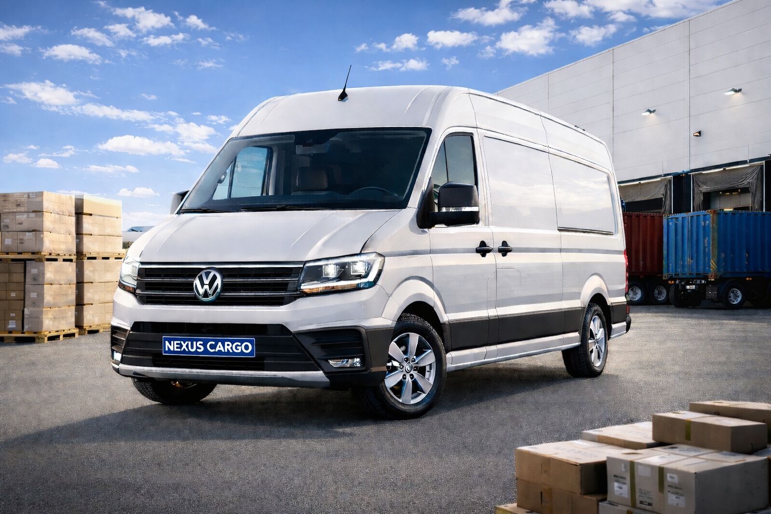 modern white delivery van driving on a highway with blue sky background, photorealistic, professional transportation photography